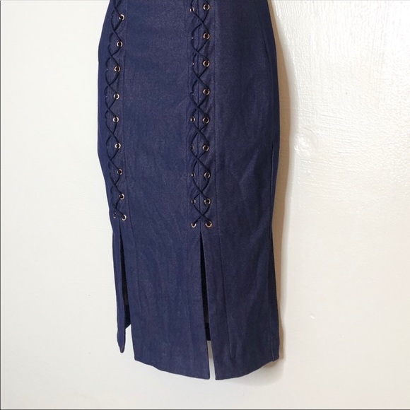 Entry dark wash “denim” lace up bodycon dress S - Picture 6 of 7